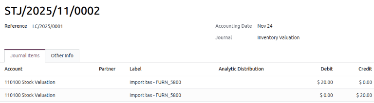 Journal Entry form for landed cost created from vendor bill.