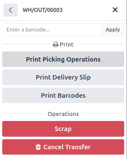 Menu from a receipt with the 'Print Picking Operation' button.