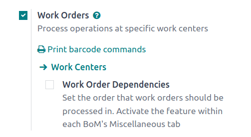 'Print barcode commands' like in the Work Orders section of Manufacturing settings.