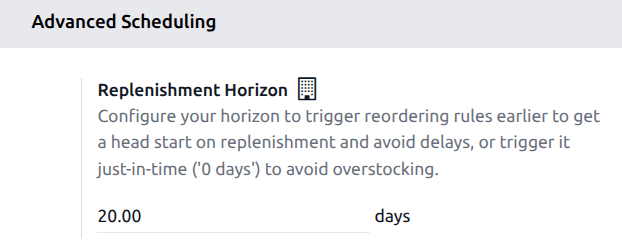 The Replenishment Horizon setting in the Inventory app.