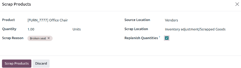 Scrap Products pop-up window on operation form.