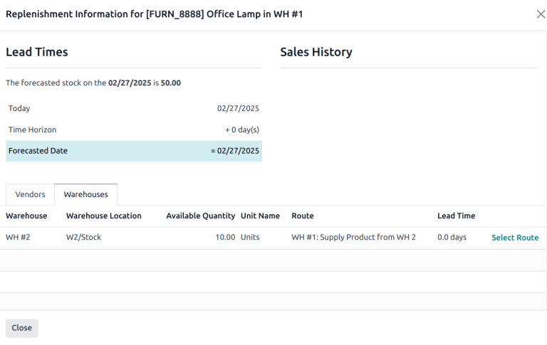 The warehouse tab on the Replenishment Information pop-up window.