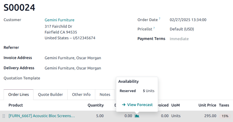 A sales order with the forecast report icon highlighted.