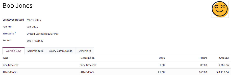 The worked days tab of a payslip.