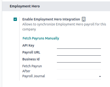 Enabling Employment Hero Integration in Axis Accounting displays new fields in the settings