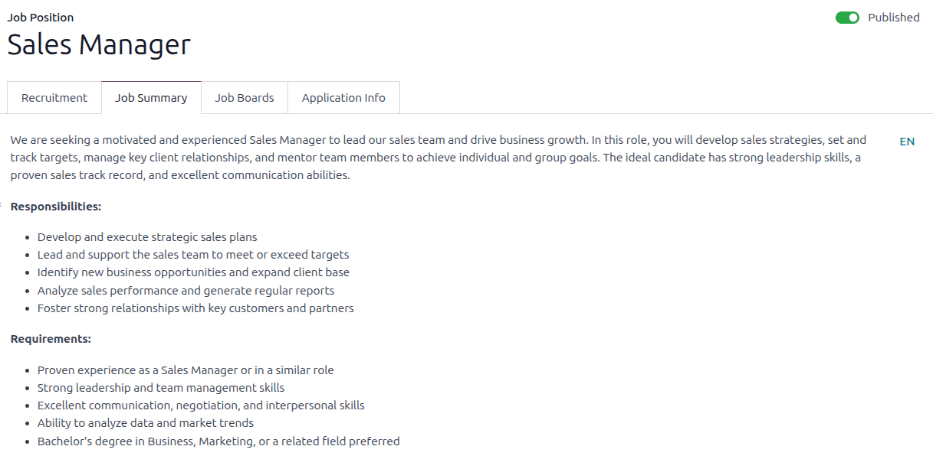 The summary of the position in the Job Summary tab.