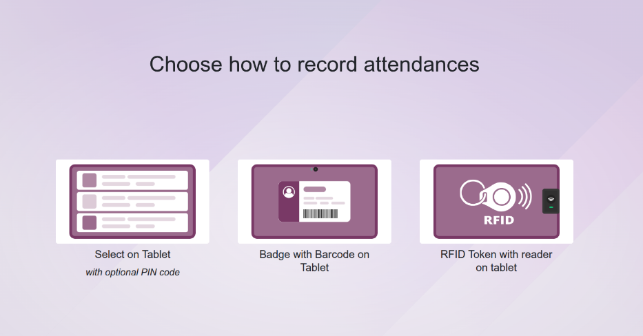 The onboarding screen in the Attendances app, with three options to check-in.