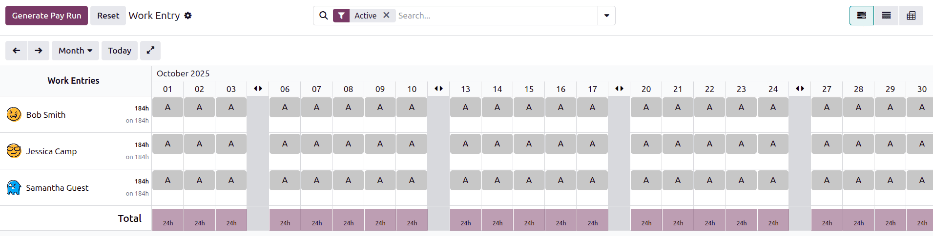 The work entries dashboard with the GeneratePay Runs button visible.