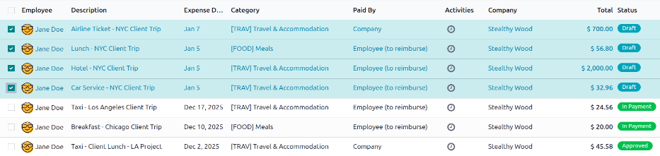 Selected expenses to submit on the My Expenses dashboard.