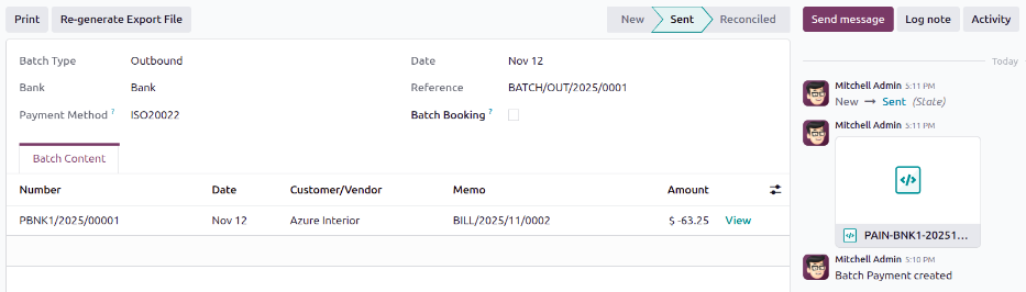 A batch payment with the XML file in the chatter.
