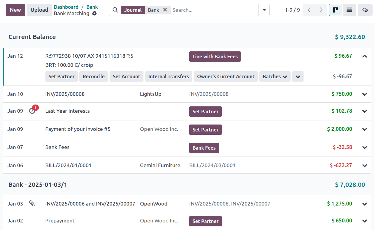 The user interface of the bank matching view of a bank journal.