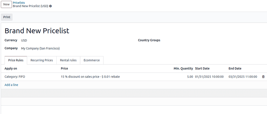How the pricelist detail form looks in Axis Sales.