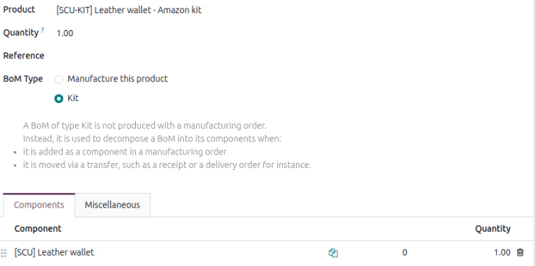 Example of the kit BoM for the kit product to represent the Amazon listing.