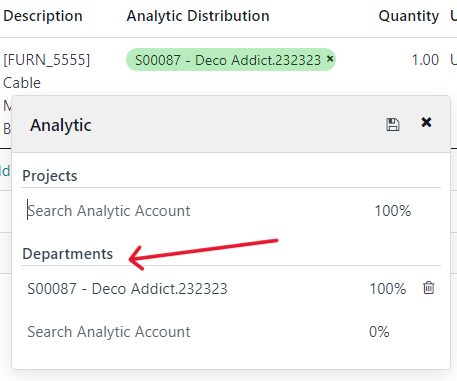 How to select the Analytic Distribution department from a purchase order in Axis.