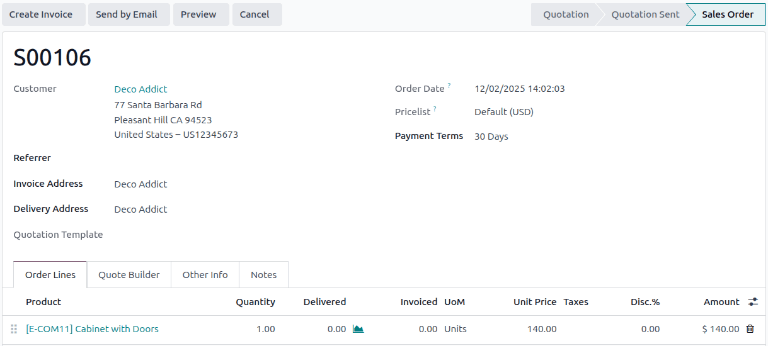 Cabinet with doors sales order that's been confirmed in the Axis Sales application.