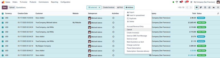 The Cancel quotations option on the Actions drop-down menu in the Axis Sales application.