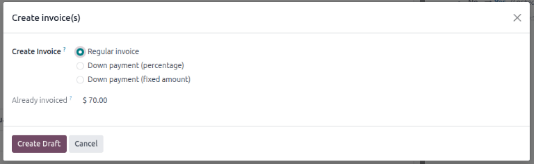 The deduct down payment option on the Create invoice(s) pop up in Axis Sales.