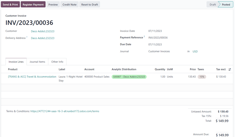 Sample customer invoice for an expense generated from a sales order in Axis Sales.