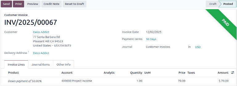 Customer Invoice with a green Paid banner located in the upper-right corner.
