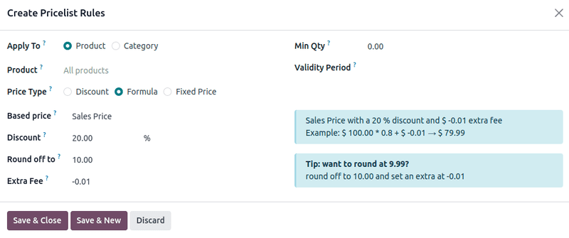 Example of a 20% discount with prices rounded to 9.99 in Axis Sales.