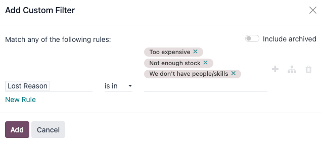 Add Custom Filter pop-up with multiple lost reasons selected.