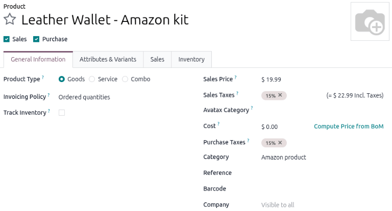Example of a product form configured to be a kit in the Inventory app.