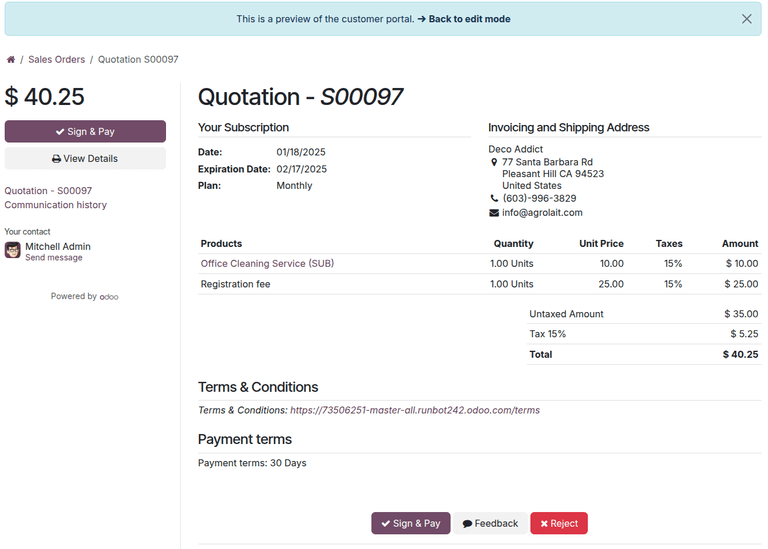 Customer preview of a quotation template in Axis Sales.