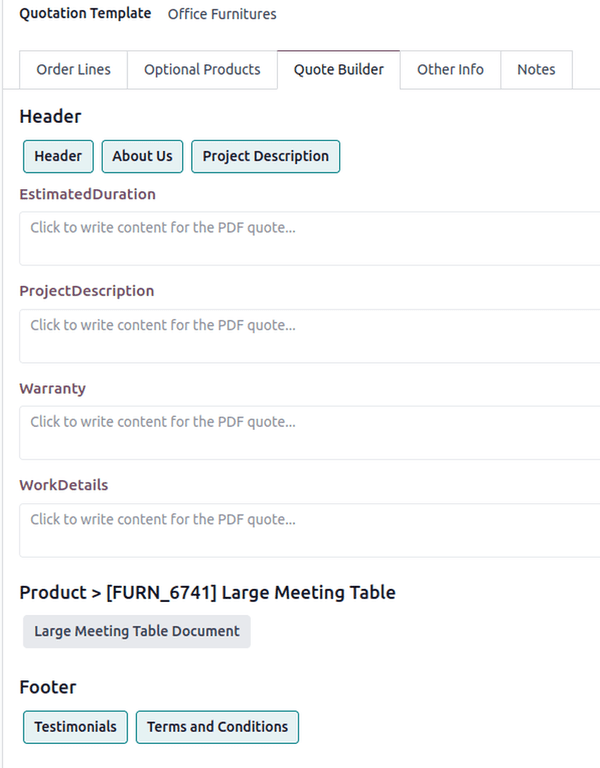 Selectable quotation headers and footers under the Quote Builder section in a quotation.