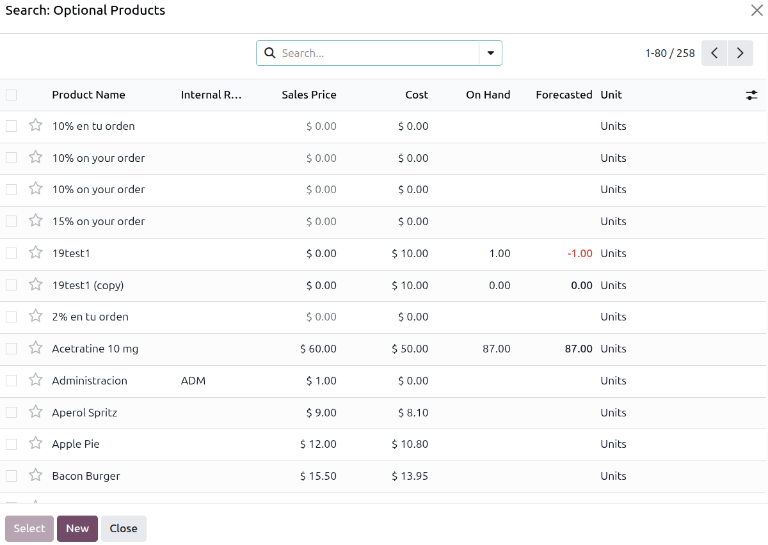 The Search: Optional Products form accessed by clicking Search more...