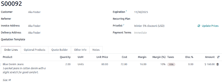 Sales order with a new pricelist selected.
