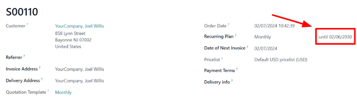 The expiration date on a subscription sales order in Axis Subscriptions.
