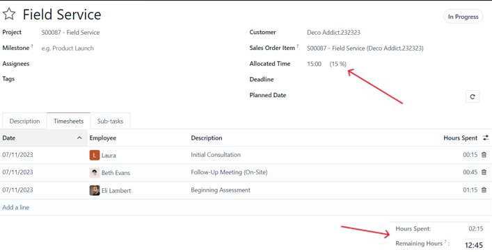 How the Timesheets tab appears on a task form in Axis Sales and Axis Project.