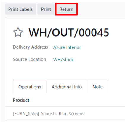 A validated delivery order with a highlighted Return button in Axis Sales.