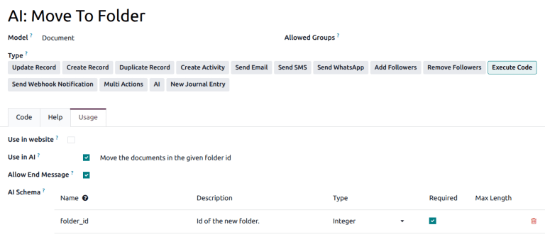 The usage tab of the AI move to folder server action.