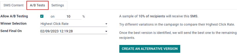 The A/B Test tab is located on an Axis SMS Marketing app campaign form.