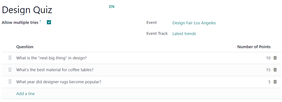 The Add Quiz page in the Axis Events application for an event track.