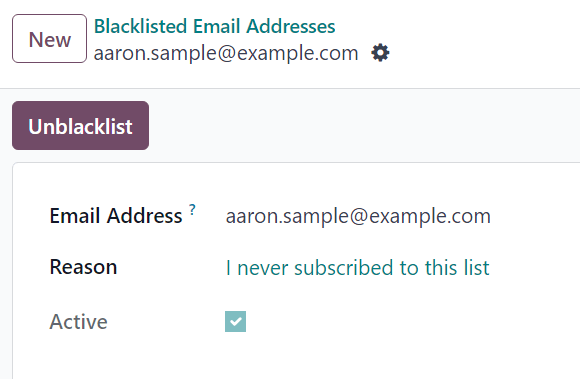 View of a blacklisted contact detail form in Axis Email Marketing.