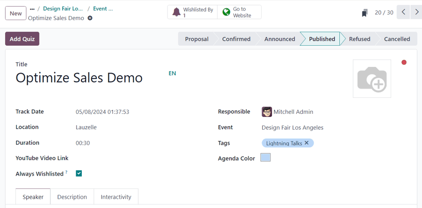 Typical event track form in the Axis Events application.