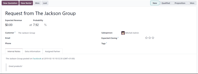 New lead detail form generated from a social media comment in Axis Social Marketing.