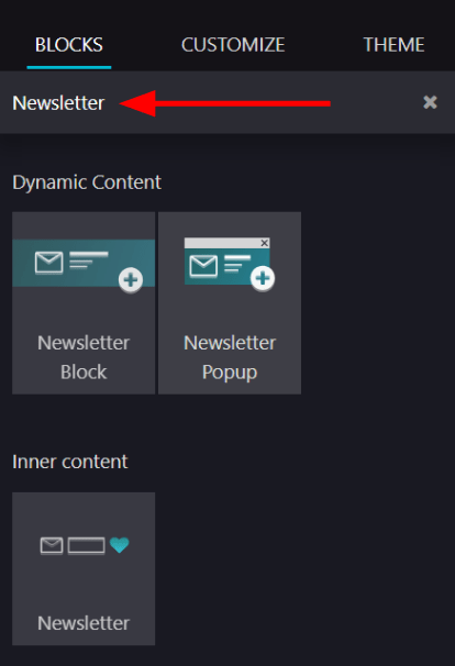 View of how to quickly search for Newsletter blocks in the Axis Website application.