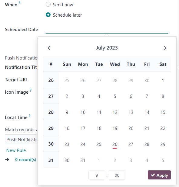Schedule date pop-up window that appears on social media post detail form in Axis.