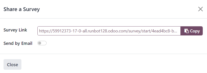 The 'Share a Survey' pop-up window that appears in the Axis Surveys application.