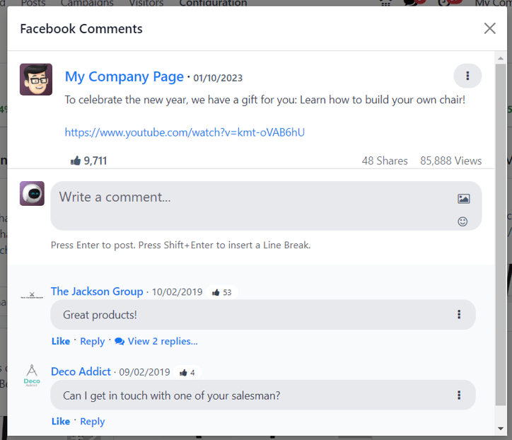 Sample of a social media post's pop-up window in Axis Social Marketing application.