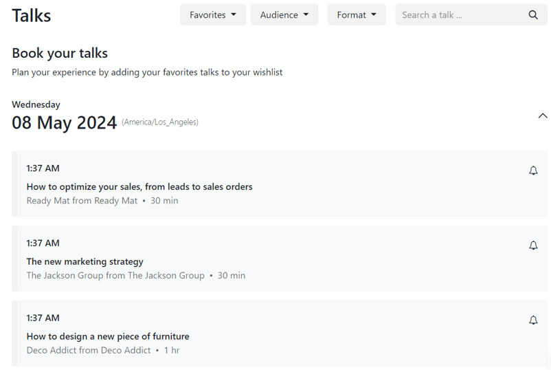The Talks page on an event website built through the Axis Events application.