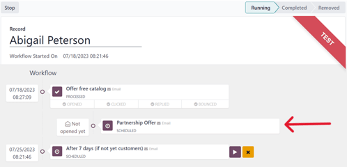 Workflow test progress in Axis Marketing Automation.