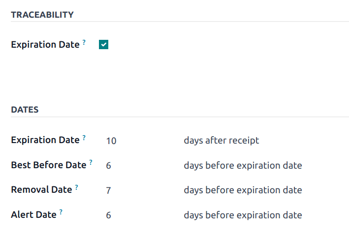 Expiration dates configuration on the product form.