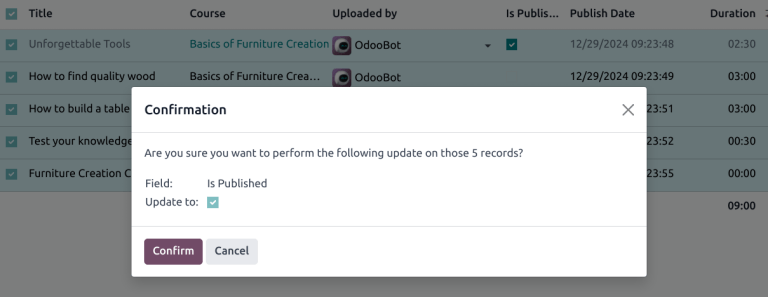 View of a course contents being published in Axis Helpdesk back-end.
