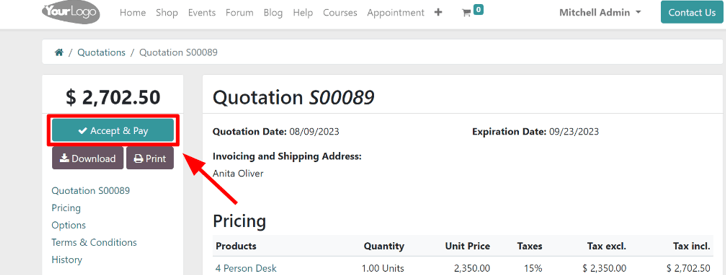 The accept and pay button on an online quotation in Axis Sales.
