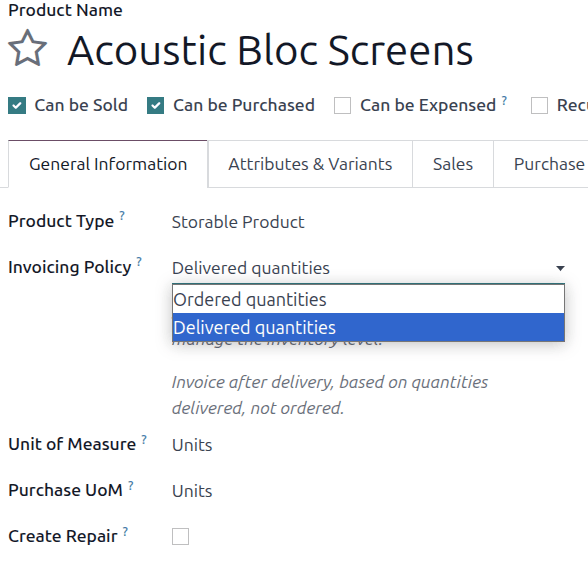 How to change invoicing policy on a product form in the **Sales** app.