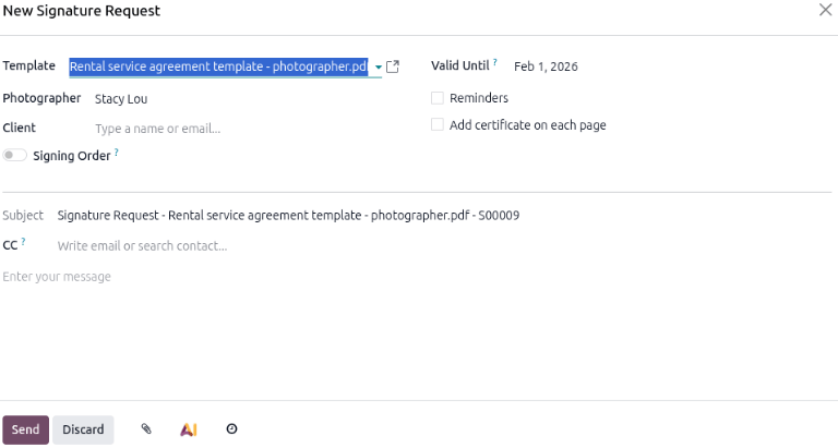 Sample of the New Signature Request message in the Rental app.